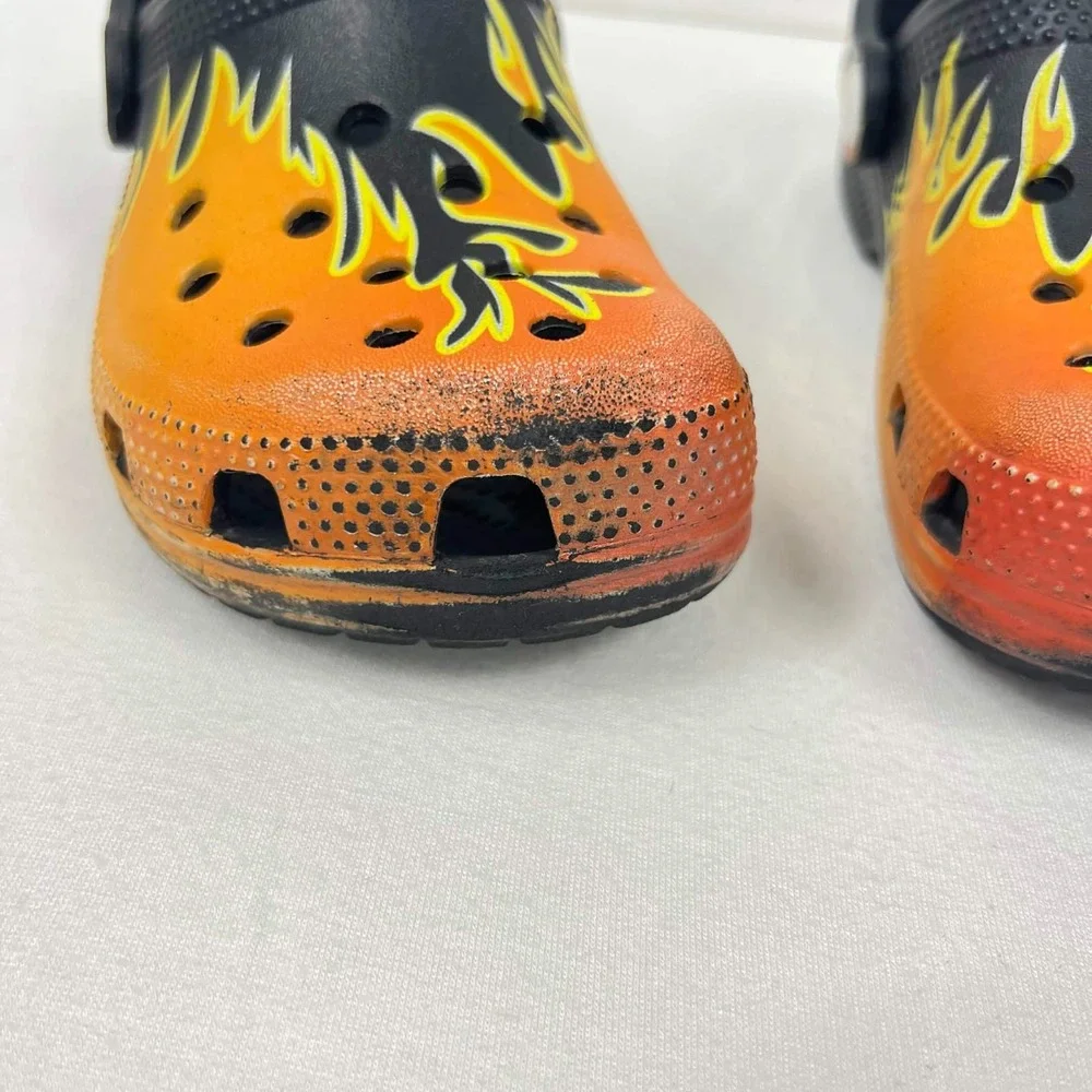 GUC Crocs Classic Flame Clogs Black Orange Fire Print Shoes Toddler Size 12